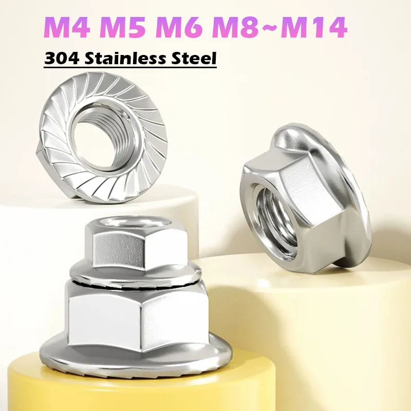 M4 M5 M6 M8 M10 M12 Left Hand Thread Flange Nut Lock Nut 304 Stainless Steel Hexagon Hex Head Serrated Spinlock Flange Lock Nuts