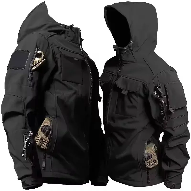 Men's outdoor functional tactical jacket, autumn and winter waterproof and windproof soft shell, multi-pocket hooded military