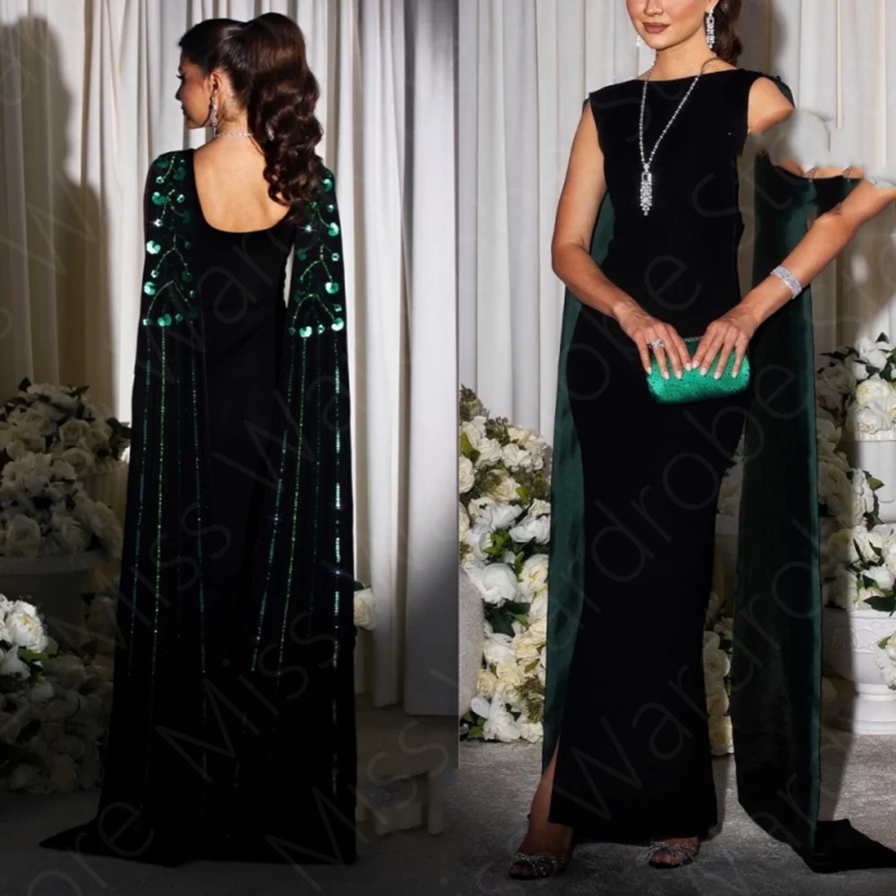 

Customized New Arabic Evening Dresses Black Contrast Color Prom Party Gowns with Cape Wedding Guest Dresses Back Out Sequined