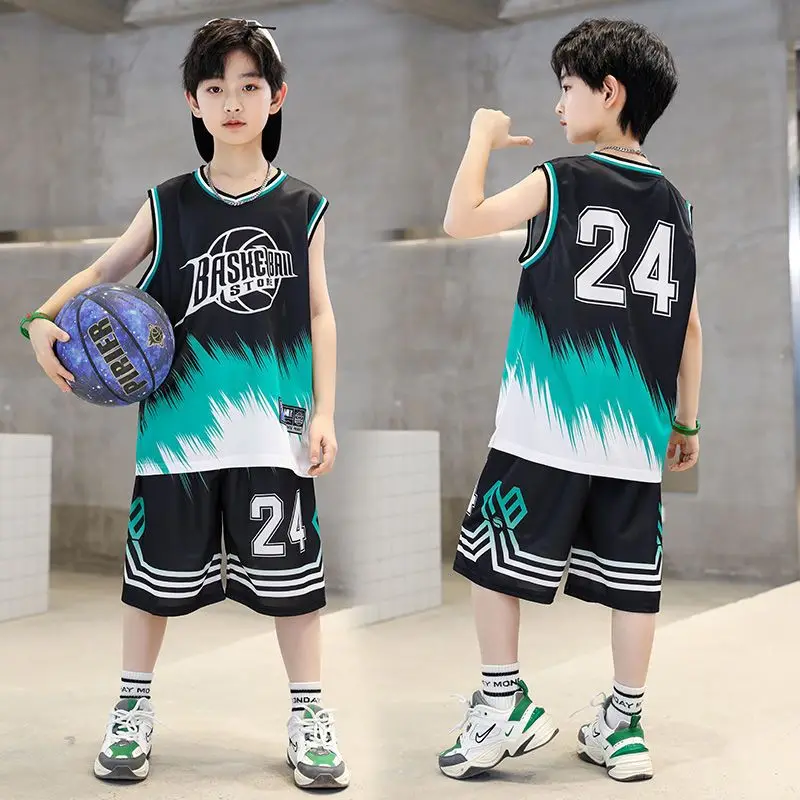 Boys Summer Quick-Dry Basketball Sports Suits Boys Sleeveless Vset+Short Pants 2pcs Sets Kids Sports Outfits Clothing  -123