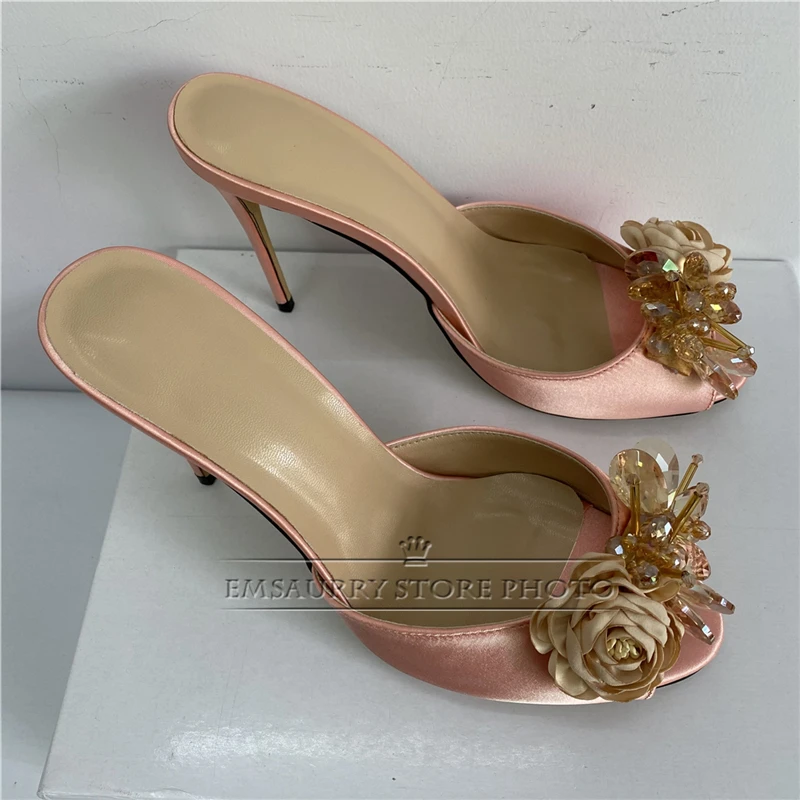 Beaded Crystal Rose Flower Sandals Women 10cm Stiletto Heel Luxury Satin Peep Toe Slingbacks Mules For Girls Summer