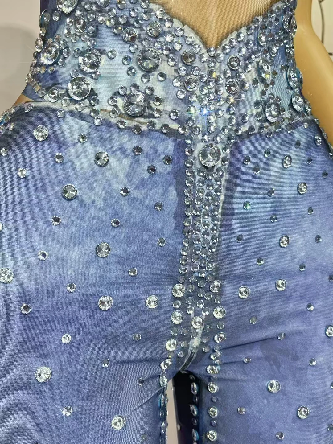 ジーンズ柄プリントノースリーブジャンプスーツナイトクラブ歌手ステージパフォーマンス服クリスタルレオタードハロウィンコスプレ衣装