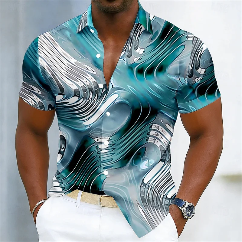 Summer Lightweight Men's Collared Shirt, Gradient Wavy Print, Stylish Casual Vacation Loose Hawaiian Style Men's Shirt, XS-6XL