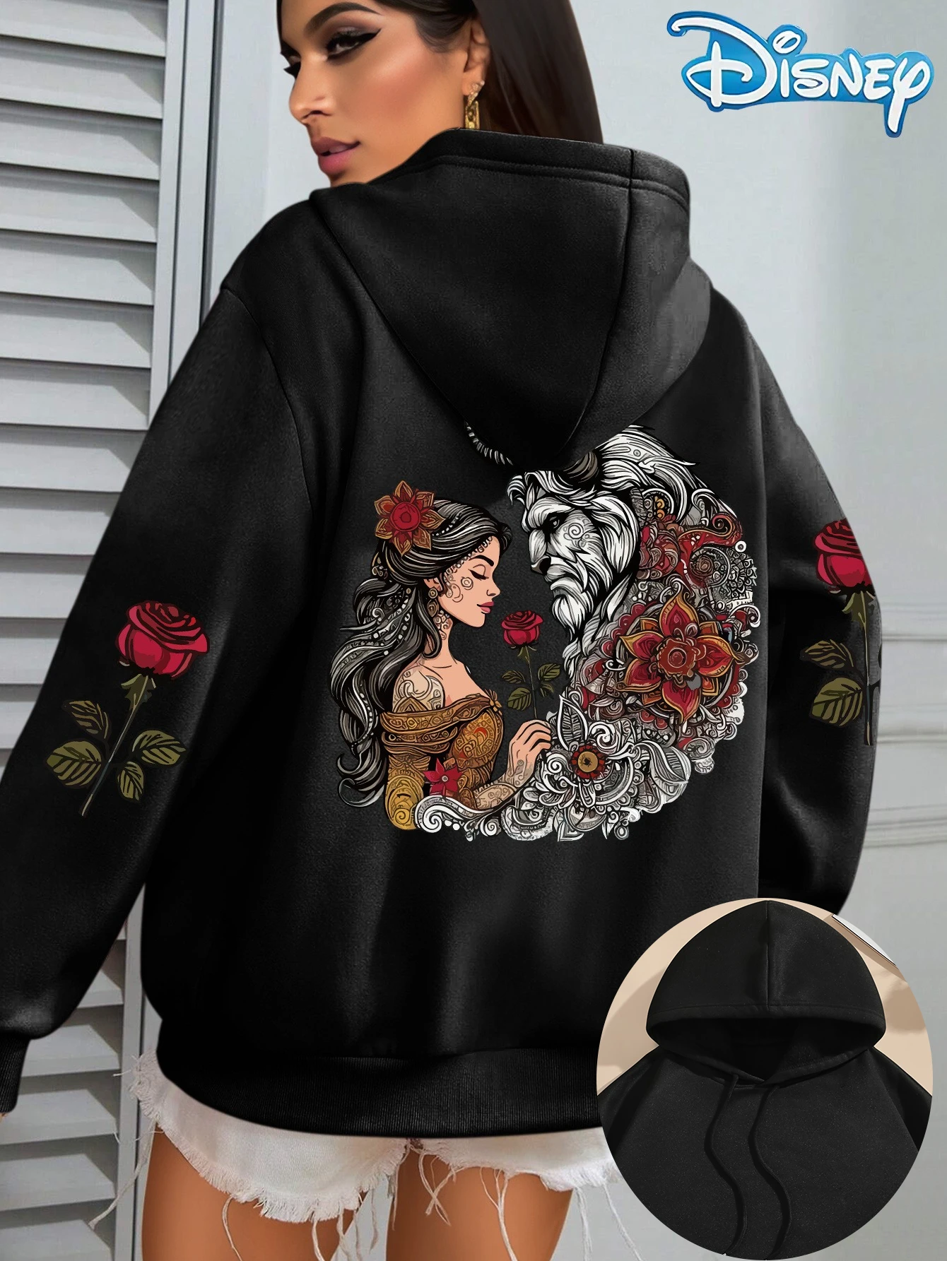 Sudaderas con capucha de lana de La Bella y La Bestia de Disney para mujer, Sudadera con capucha de algodón, jersey, abrigo de gran tamaño para otoño e invierno, Top de manga larga