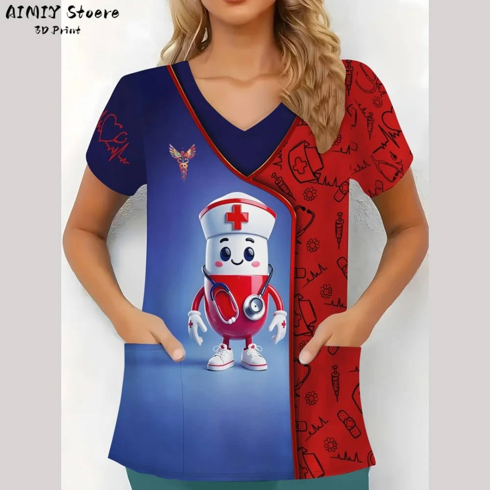 

2025 Nurse Uniform Printed Love Wings Workwear Comfortable and Fashionable Women's Short Sleeve Uniform with V-Neck Nurse Top
