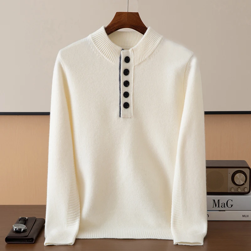 100% pure wool sweater for men, round neck, thickened pullover button-up sweater, business casual knitted base