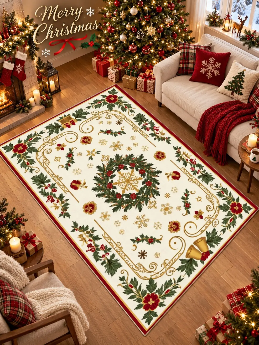 Christmas Rug Wreath Bell Holly Scrollwork Floor Decor Carpet Living Room Bedroom Dining Area Entryway Apartment Cabin Winter Home Accent Beside Sofa Armchair Housewarming Birthday Gift for Parents Neighbors Sisters Friends Holiday Celebrations