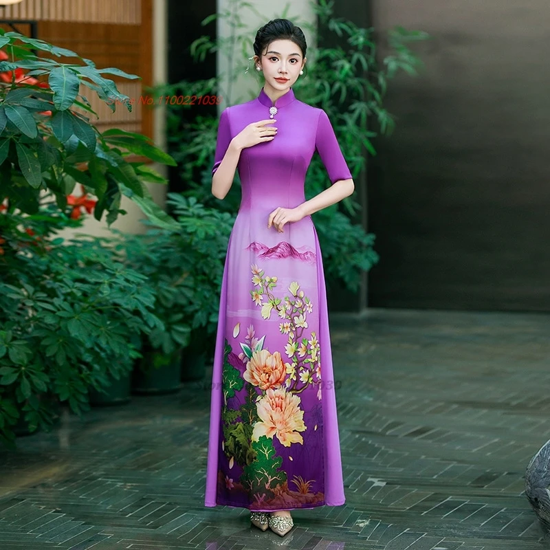 

2025 vietnam traditional aodai dress chinese improved qipao national flower print cheongsam dress retro evening banquet dress