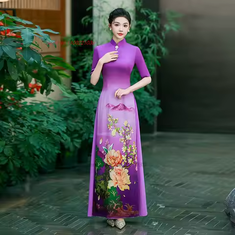 2026 vietnam traditional aodai dress chinese improved qipao national flower print cheongsam dress retro evening banquet dress