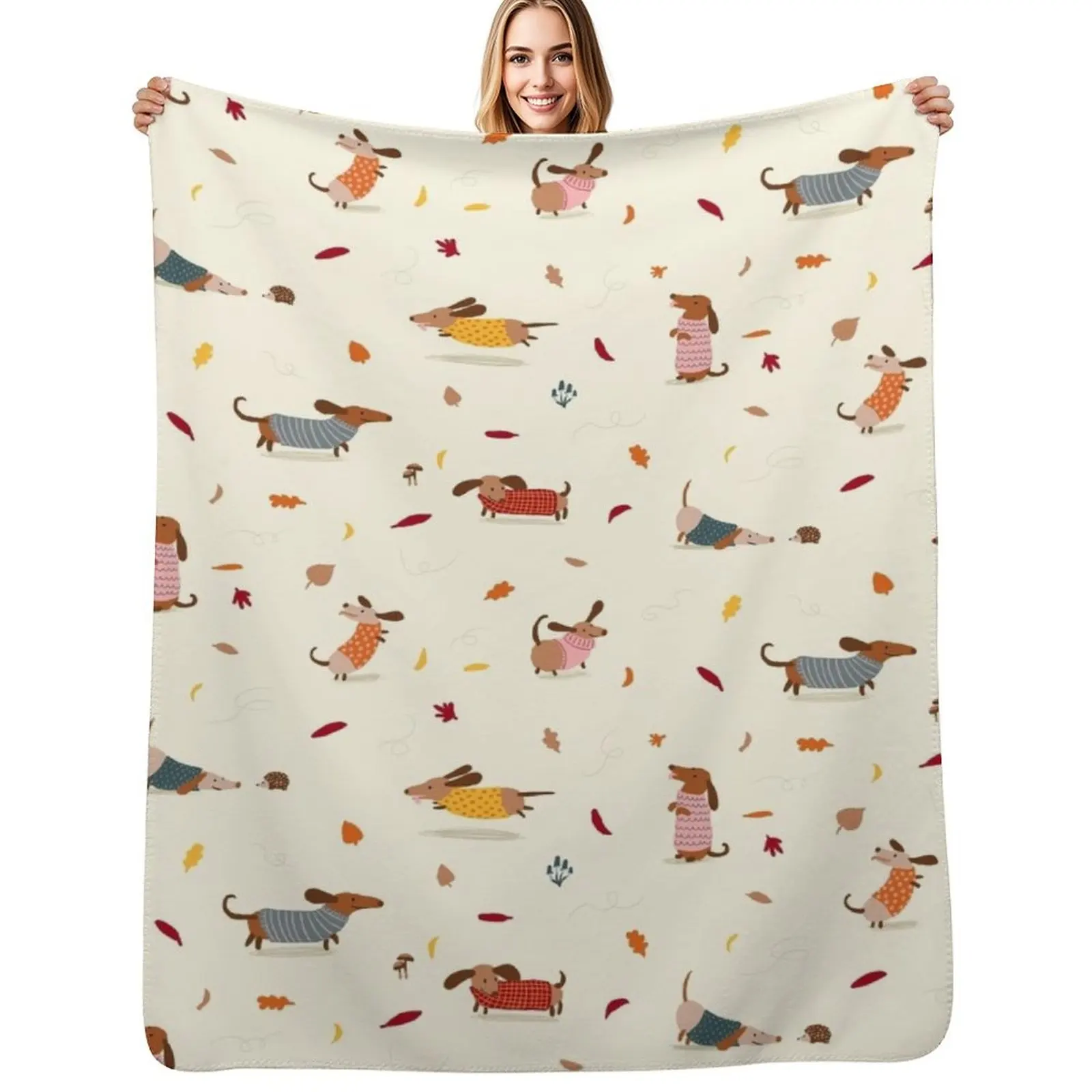 Cute Dachshunds in Winter Sweaters with Autumn Leaves Throw Blanket Warm Comfortable Blanket for Office Napping