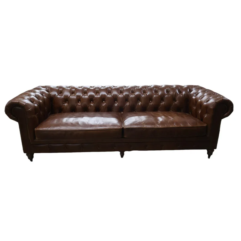 

&American Retro Genuine Leather Three Seat Sofa Top Layer Cowhide High-end Villa Living Room Office Furniture European American