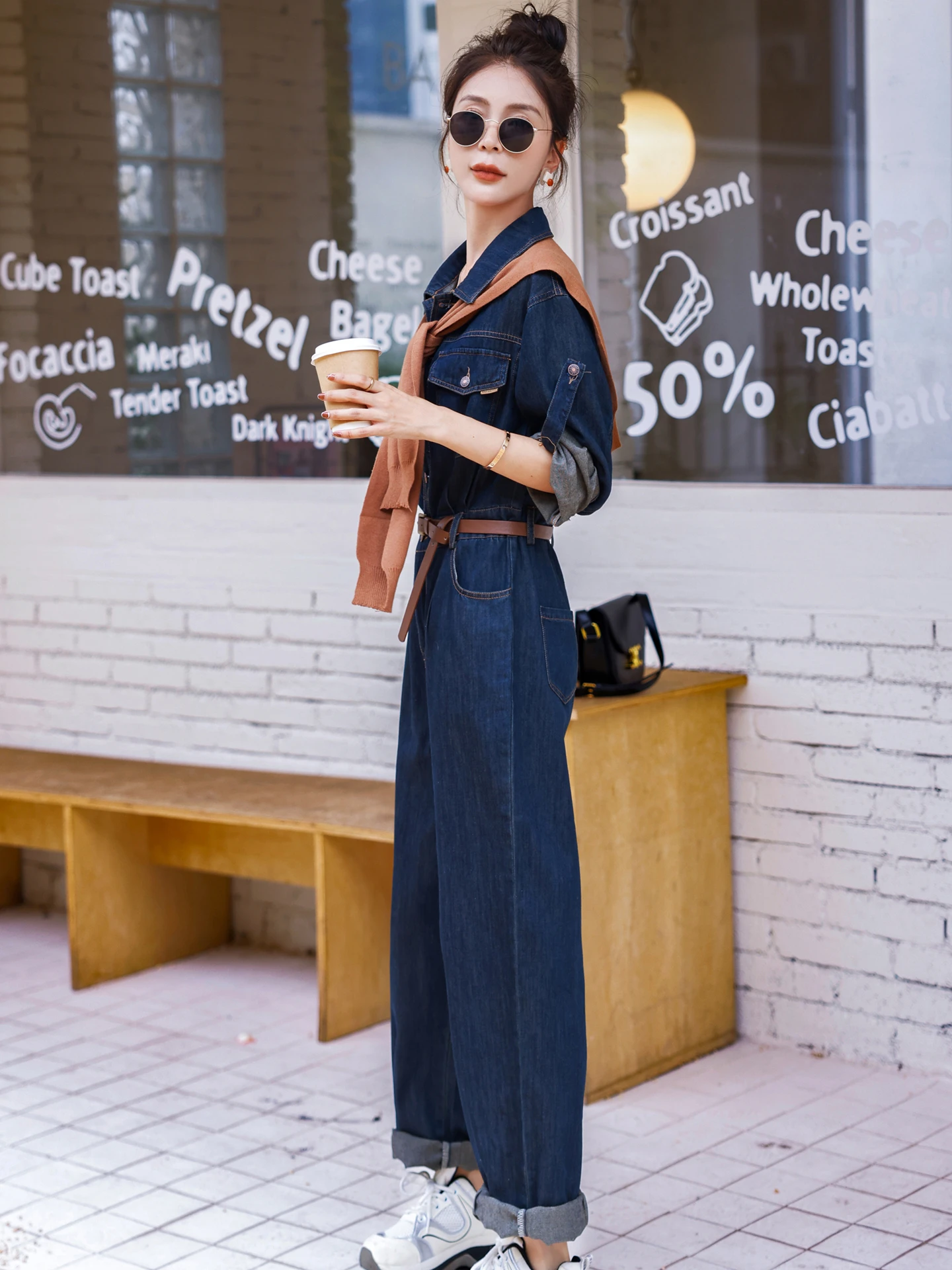 

Blue Long Sve Denim Jumpsuit Women's Faionable Versatile Anti-Aging oulder awl Matching Straight Leg High Waist Pants