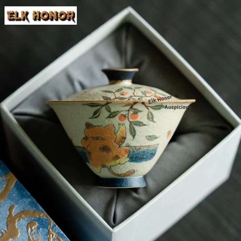 

110 мл Чистая ручная роспись апельсинового кота Firestone Red Gaiwan Ретро Чайная подставка Чаша для чая с крышкой Набор для приготовления чая Крышка Чаша Чайный набор Подарок
