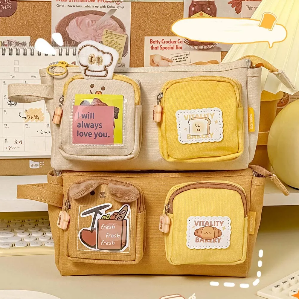 Große Kapazität Cartoon Leinwand Stift Tasche PVC Kastanie Niedlichen Bären Bleistift Beutel Pudding Welpen Erdbeere Käse Schreibwaren Lagerung Tasche