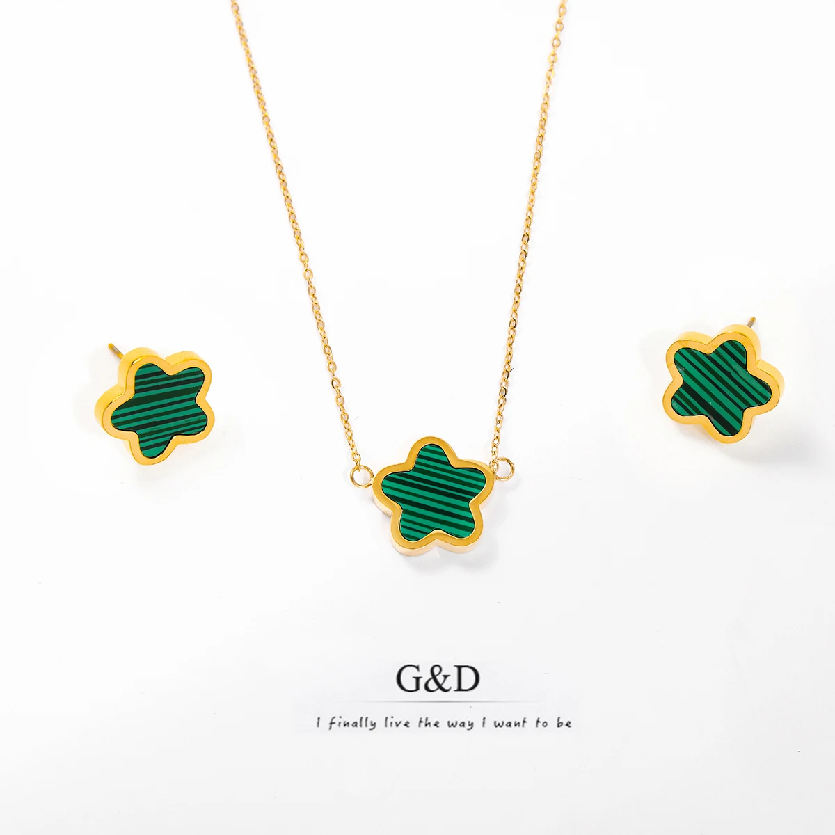 G&D 2pcs/Set Vintage Green Star Flower Pendant Necklace/Earrings High Quality Non Tarnish Stainless Steel Jewelry for Women Gift