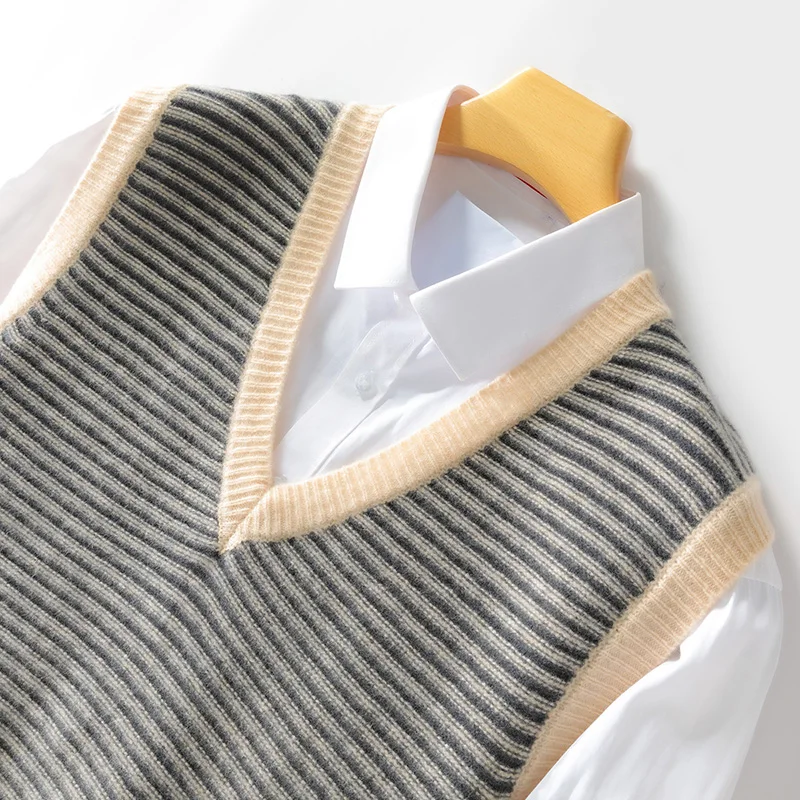 Autumn And Winter 100% Pure Wool Men's V-neck Vest Striped Sweater Business Casual Wool Knitted Bottoming Shirt