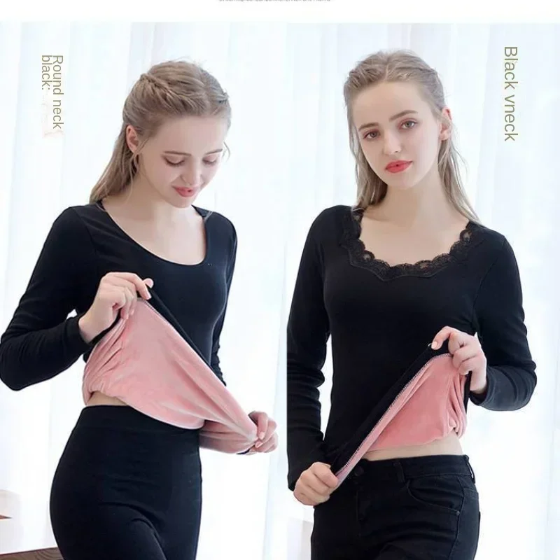 New Lace bottoming shirt for women Winter Women\'s Thermal Underwear Plus Velvet V&O-Neck Basic Thermos Long-sleeved Tops Female