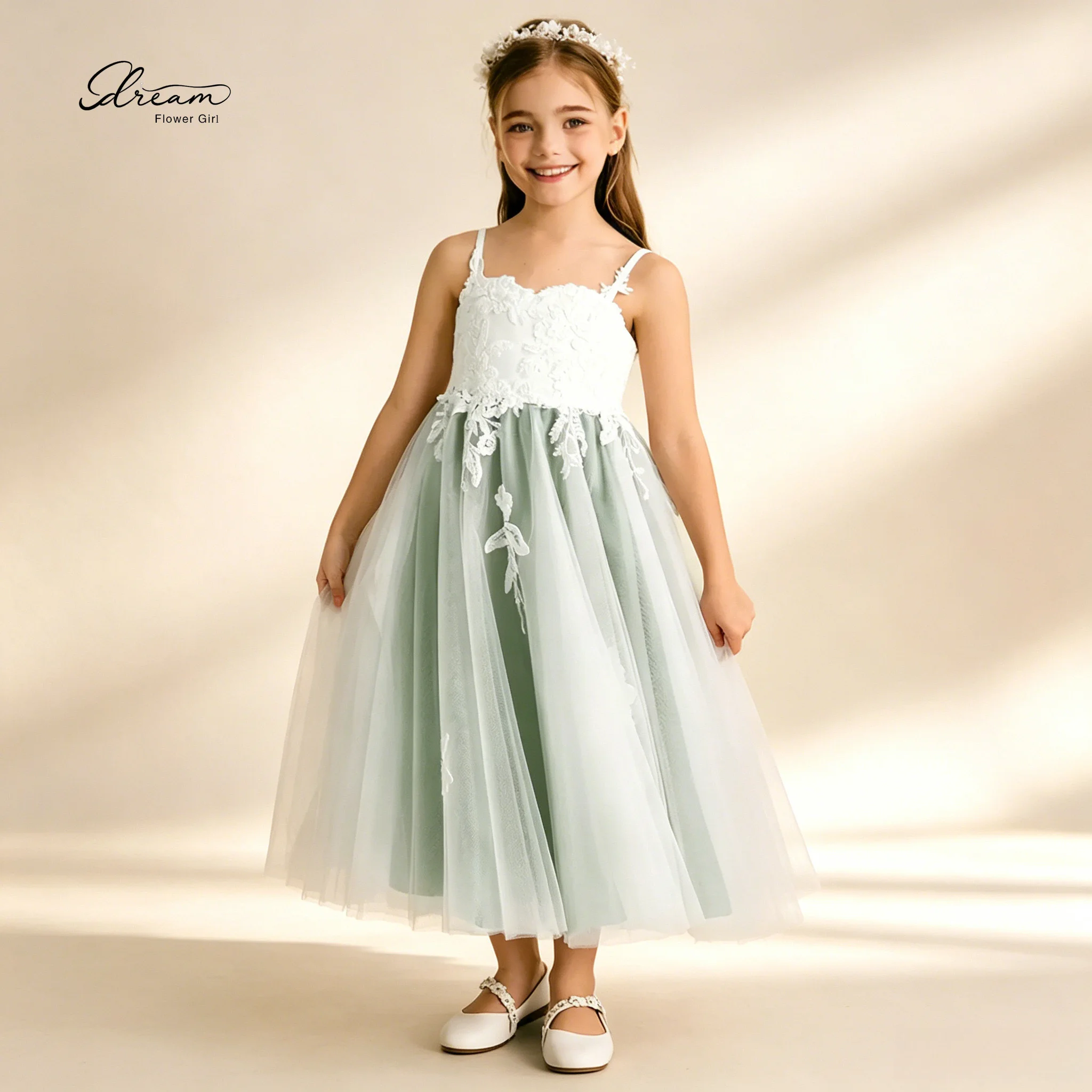 Elegant White & Green Color-Block Sleeveless Chiffon Floor-Length Ball Gown Girls' Party Dress Featuring Embroidered Lace