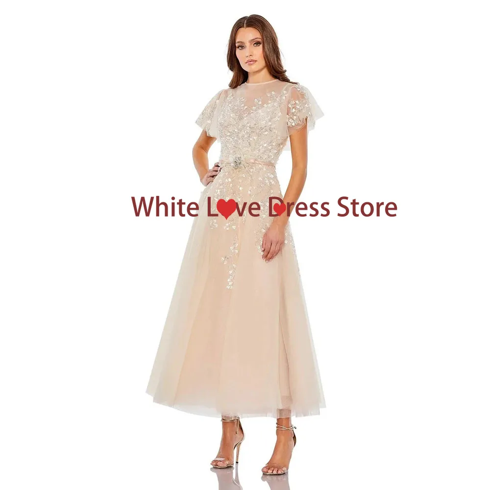 Customized Tulle Pleat A-line Ankle Length Mother of The Bride Dresses Women's O-neck Short Sleeve Mother Gowns with Appliques