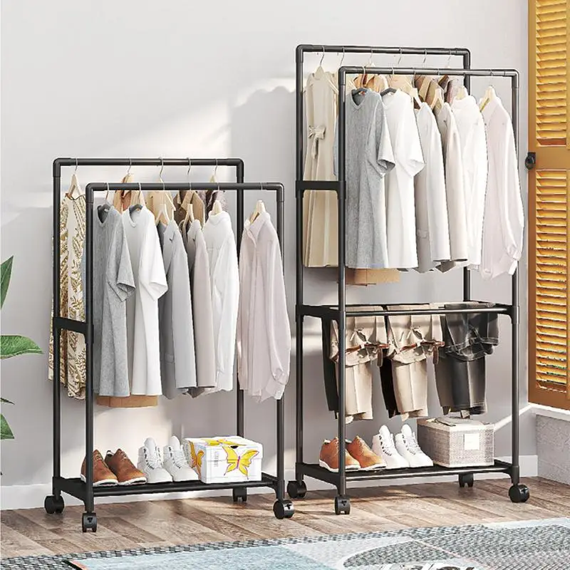 

Double Rods Simple Coat Rack On Wheels Heavy Duty Garment Rack Rolling Clothes Organizer For Coats Shirts Dress