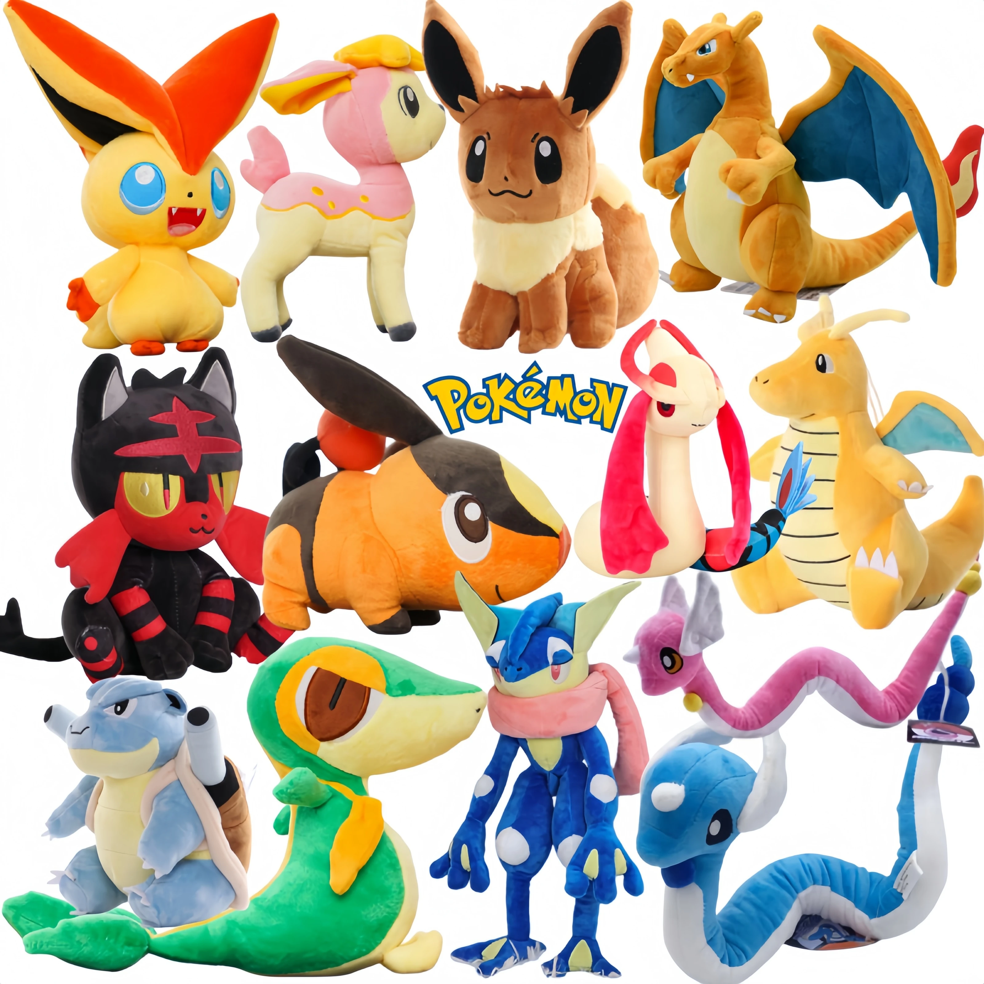 Snivy Tepig Plush Toy Pokemon Greninja Dragonair Eevee Charizard Cartoon Image Dragonite Litten Milotic Peluche Stuffed Doll