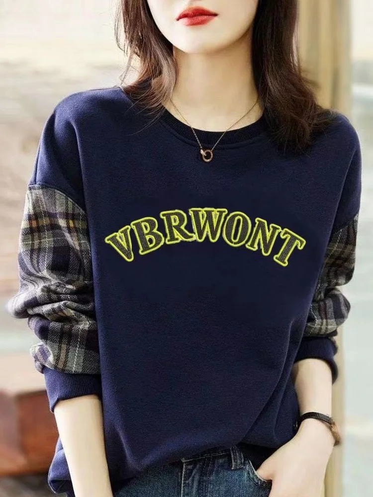 Autumn New Fashion Printing Letter Patchwork Sweatshirts Women Classic Long Sleeve Lattice Plush All-match O-collar Top 2022