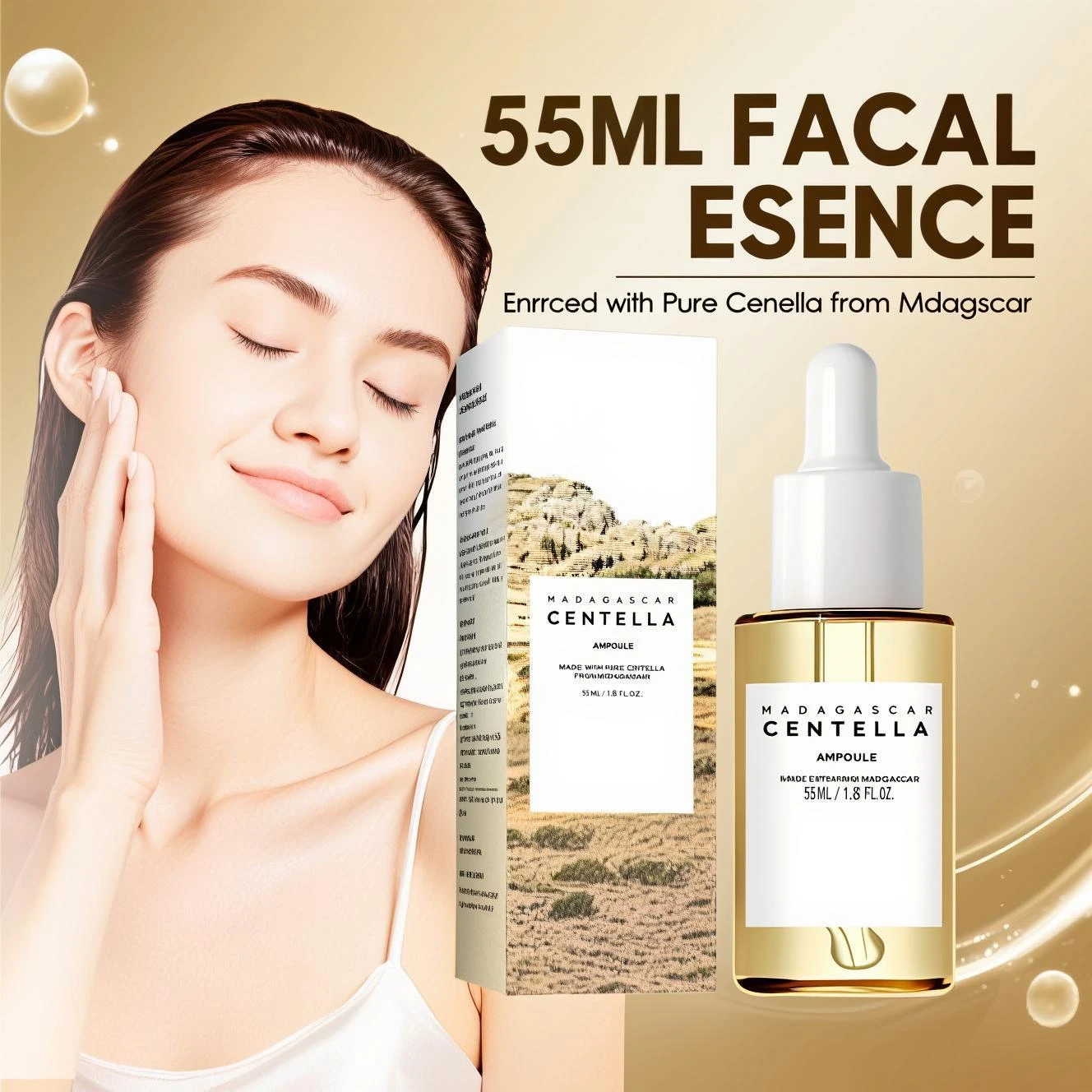 Esencia Gotu Kola de Madagascar 55 ml: suero calmante para pieles sensibles y resistentes al acné, reduce los restos y proporciona una hidratación profunda.