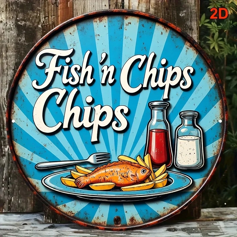【2D Plane】Retro Fried Fish and Chips Wooden Sign - A rustic-style British food decoration, suitable for bars