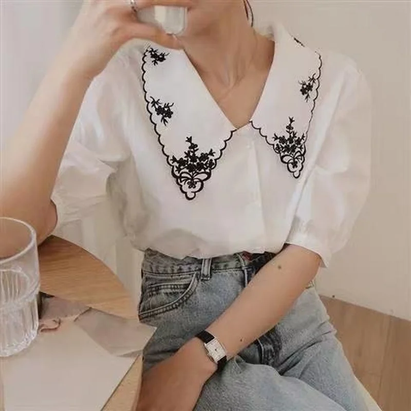 Shirts Women Embroidery Puff Sleeve Panelled Summer Tender Popular Aesthetic Simple Casual Cozy Design Feminino Trendy Ins Mujer