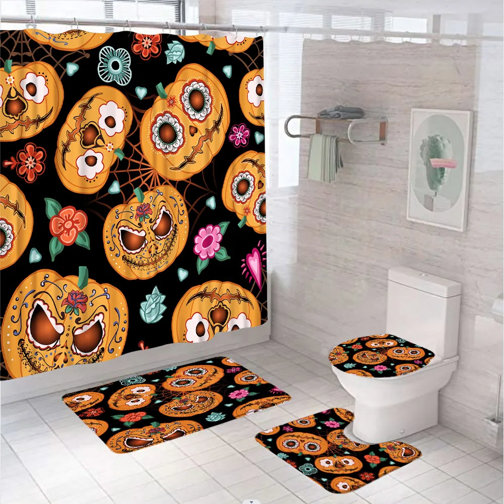 Horror Pumpkin Black Cat Bathroom Set with Shower Curtain Toilet Cover Rug Accessories Halloween Cartoon Bath Curtain Home Decor