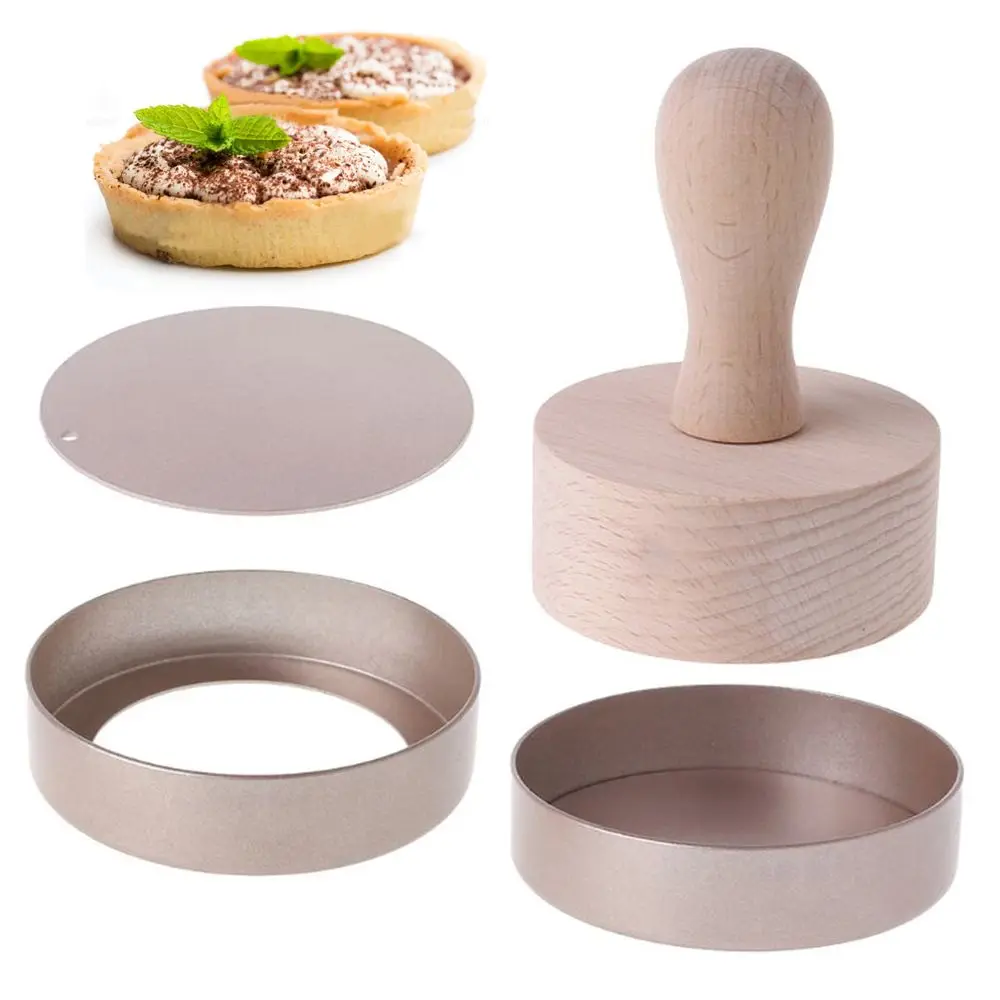 Novelty 3.5inch Wood Handle Dessert Loose Bottom Aluminium Alloy Pie Pan Cake Mold Pastry Pusher Tart Mold