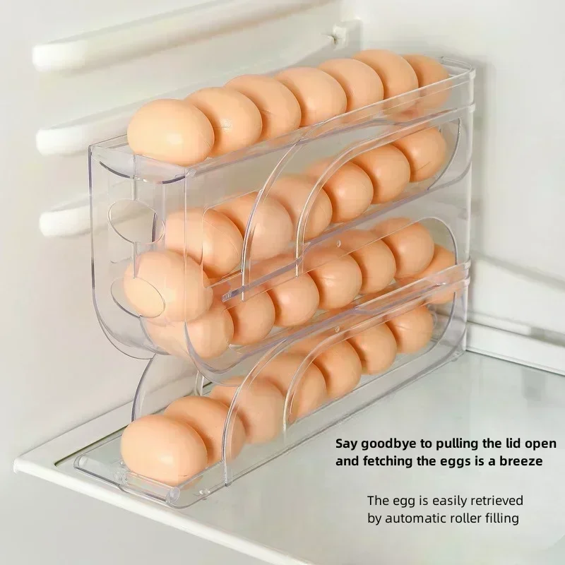 3/4 Layer Tiers Egg Holder for Fridge, Auto Rolling Fridge Egg Organizer,Egg Rack Large Capacity Egg Dispenser for Refrigerator