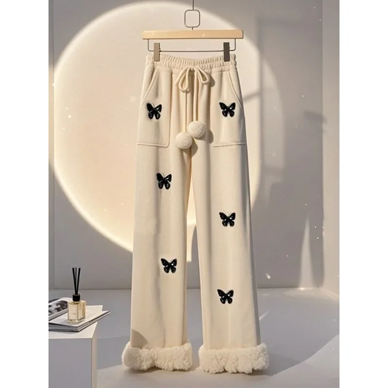 Korean Style Winter New Popular Fashion Cute Sweet Versatile Simple Loose White Printed Fleece Straight Sweatpants