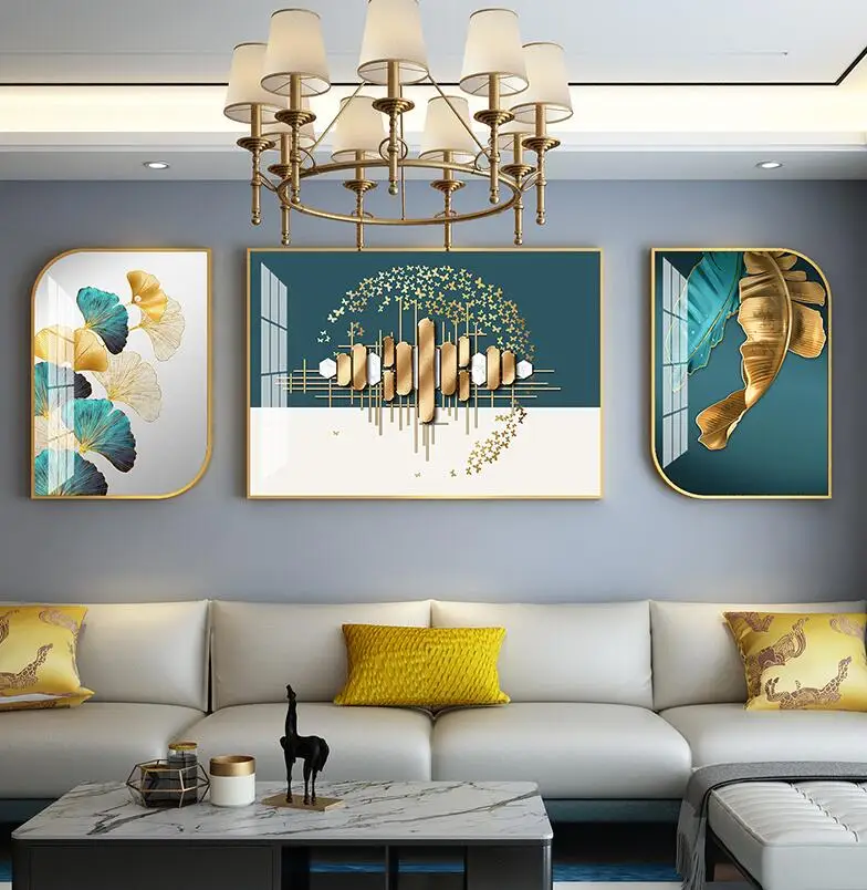 

Modern minimalist living room decorative painting light luxury high-end atmospheric mural triptych crystal porcelain painting