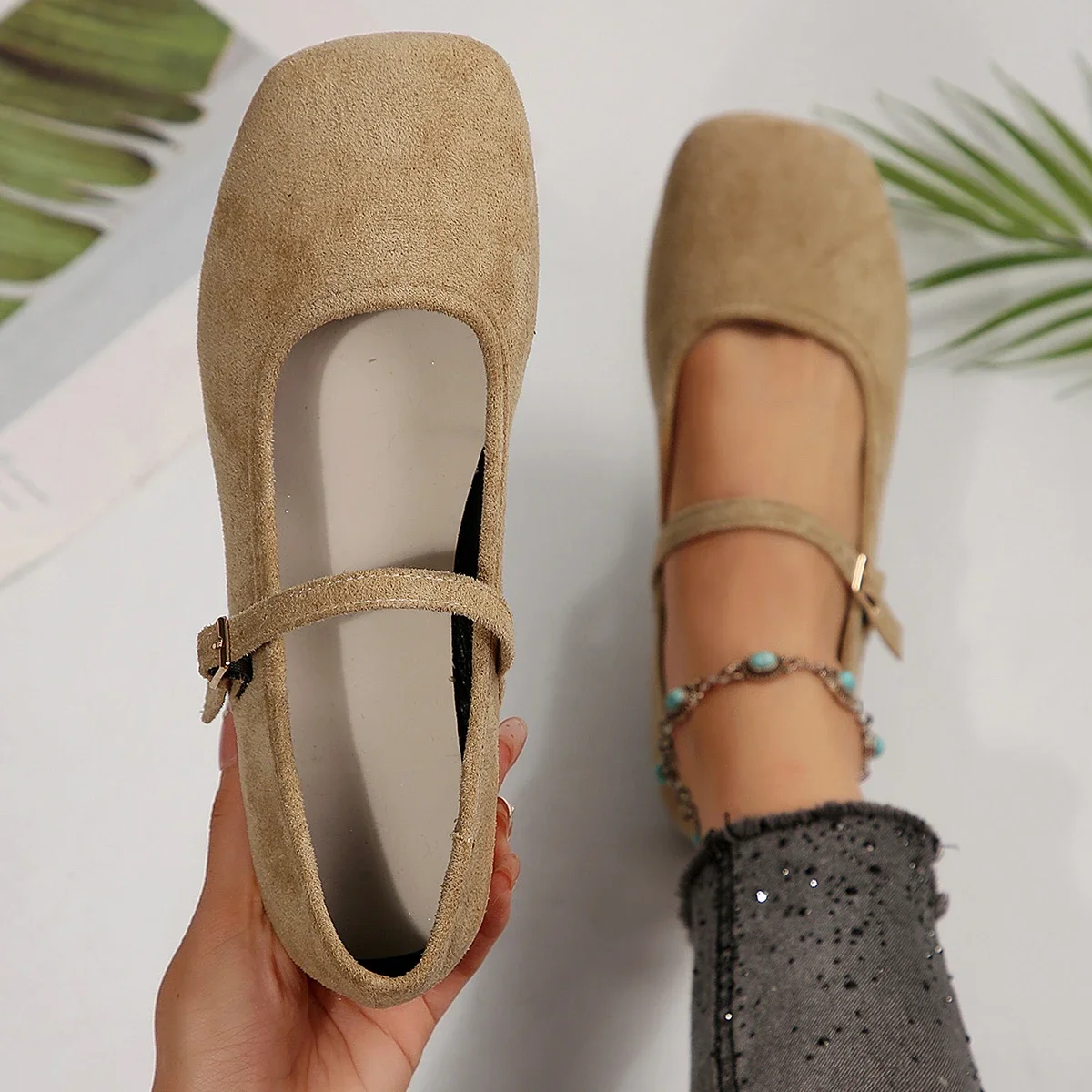 Women Mary Jane Ballet Shoes Cow Suede Genuine Leather Flats Woman Classic Square Toe Fashion Street Flats Ladies Soft Loafers