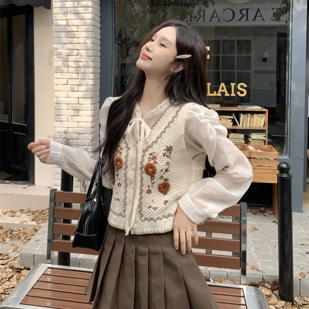 أنيقة النمط الوطني محبوك سترة زهرة فضفاضة محبوك سترة سترة بلا أكمام الزي غير رسمي سترة صغيرة الخريف/الصيف #1