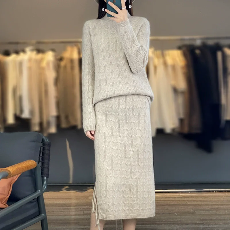 شرابة شق محبوك مجموعة فرقة أزياء أنيقة المرأة عارضة قطعتين مجموعة الكورية تنورة ضئيلة سترة سميكة Conjuntos #6