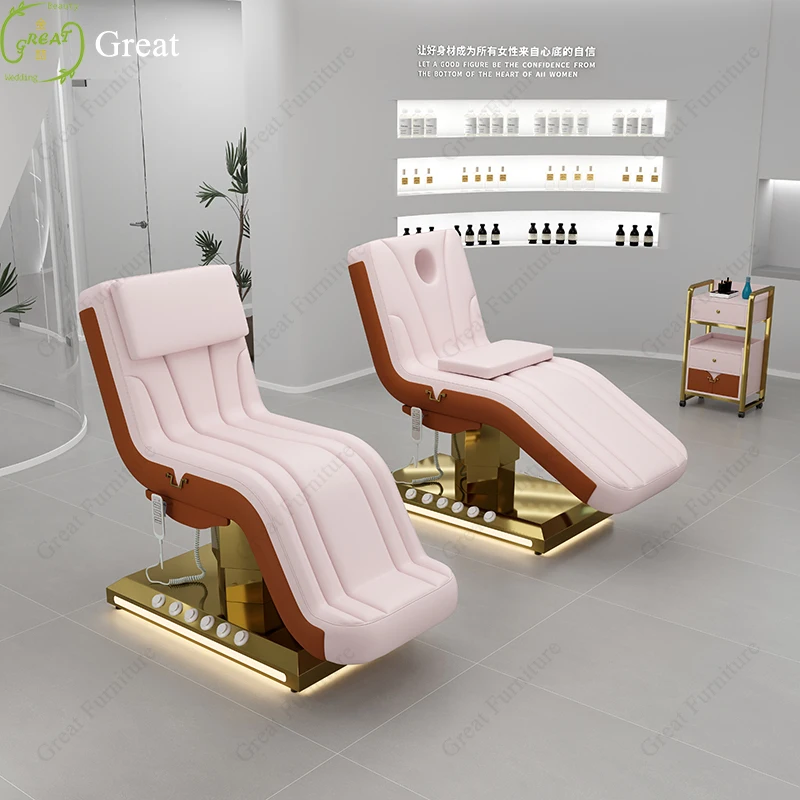 Mesa de masaje con Base dorada de cuero rosa, diseño de nueva llegada, cama de Spa Facial eléctrica de 3 motores con Control de pie, 2024
