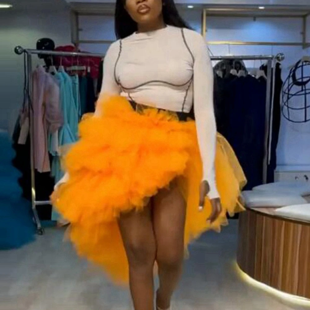 Special Orange Color Asymmetrical Tulle Skirts 2023 Elastic Waistband Sexy Ruffles Tiered Tulle Skirt Women Tutu Bottom Customiz