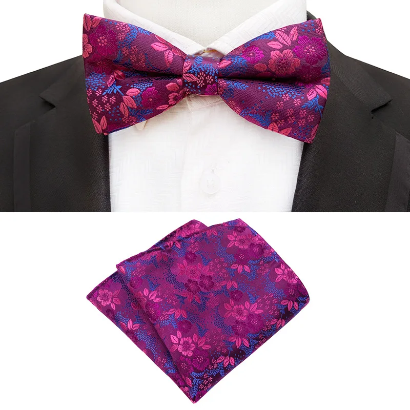 พิมพ์ดอกไม้ผ้าเช็ดหน้าพ็อกเก็ตสแควร์ Bowtie เจ้าบ่าวงานแต่งงาน Kerchief Bow Tie ผ้าพันคอชุดผ้าพันคอสําหรับชายชุดอุปกรณ์เสริม