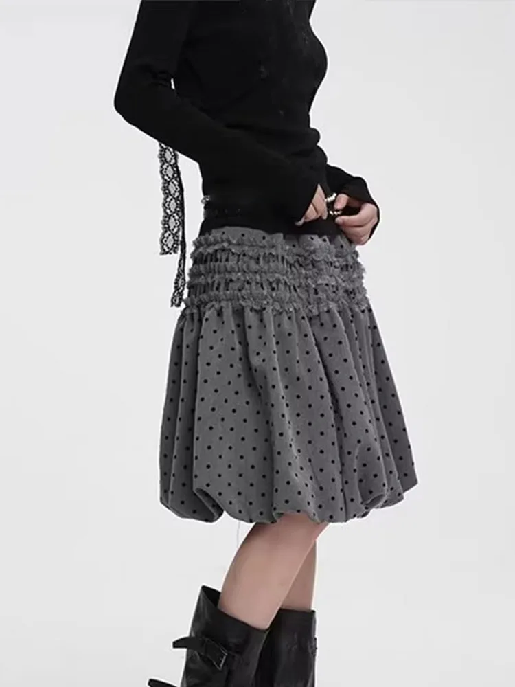 Vintage Gray Polka Dot Bud Skirt Women Japanese Sweet Y2k Aesthetic Folds A-line Midi Skirts Fashion Versatile Faldas
