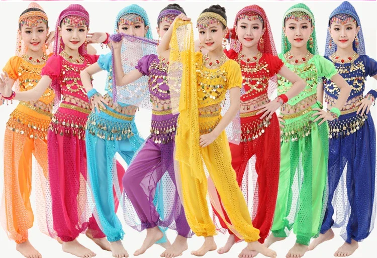 أطفال العربية ملابس رقص البطن أعلى الحريم السراويل مجموعة فتاة الهندي حزب مرحلة الأداء دعوى العربية هالوين بوليوود تأثيري