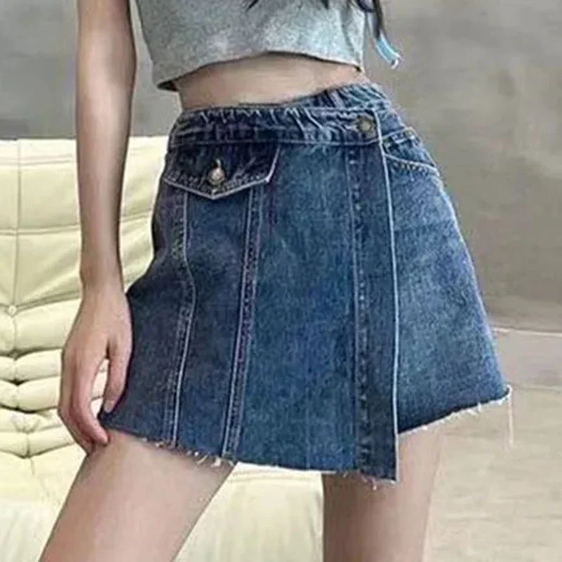 

High waisted irregular denim shorts for women in spring and summer, Korean two-piece anti slip short and wide leg skirt