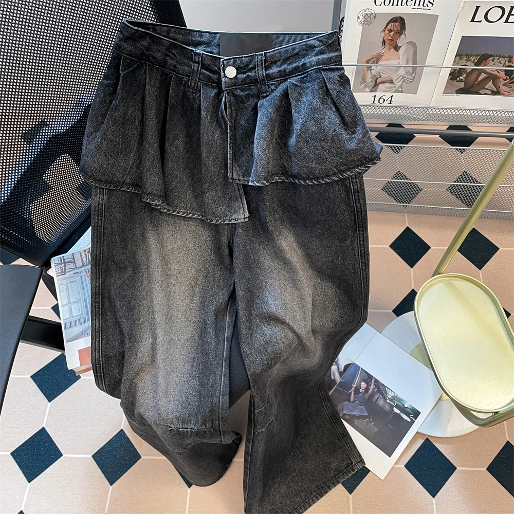 

American Patchwork Fake Two Pieces Denim Pants Women High Street Black Grey Wide Leg Full Jeans Fashion All-Match Trousers