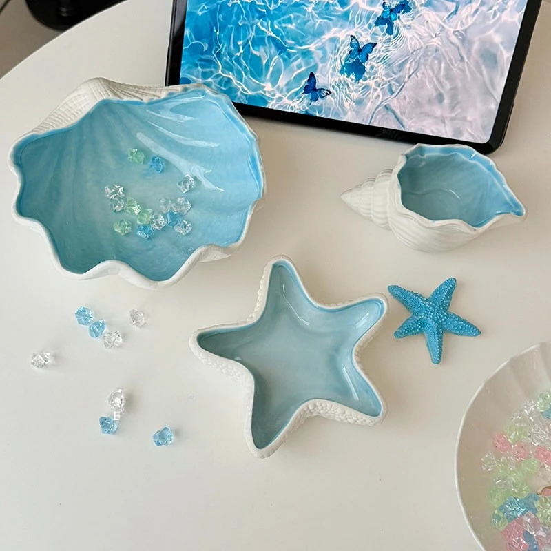 Ceramic Ocean Shell Conch Sea Star Ceramic Jewelry Necklace Ring Earring Jewelry Storage Box Desktop Ornament Decoration