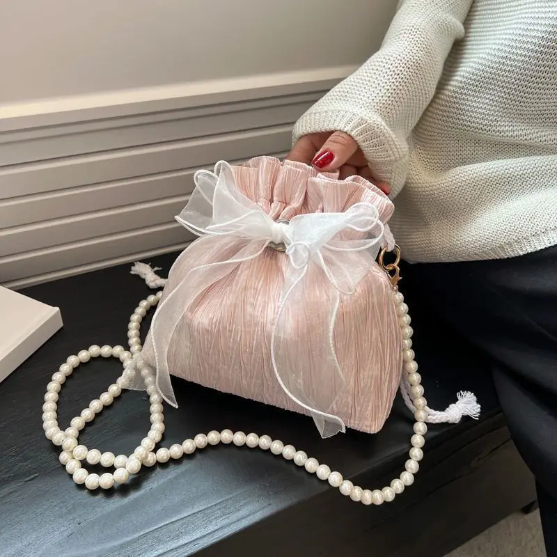 One-shoulder Bucket Bag Pearls High-end Bowknot Crossbody Bag Niche Fashion Simple Versatile All-matching Famale