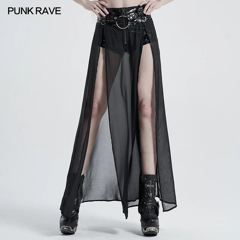 Women's Punk Fake Two-Piece Skirt, Black Polyester Spandex Mesh Maxi Half Skirt WQ494 BR