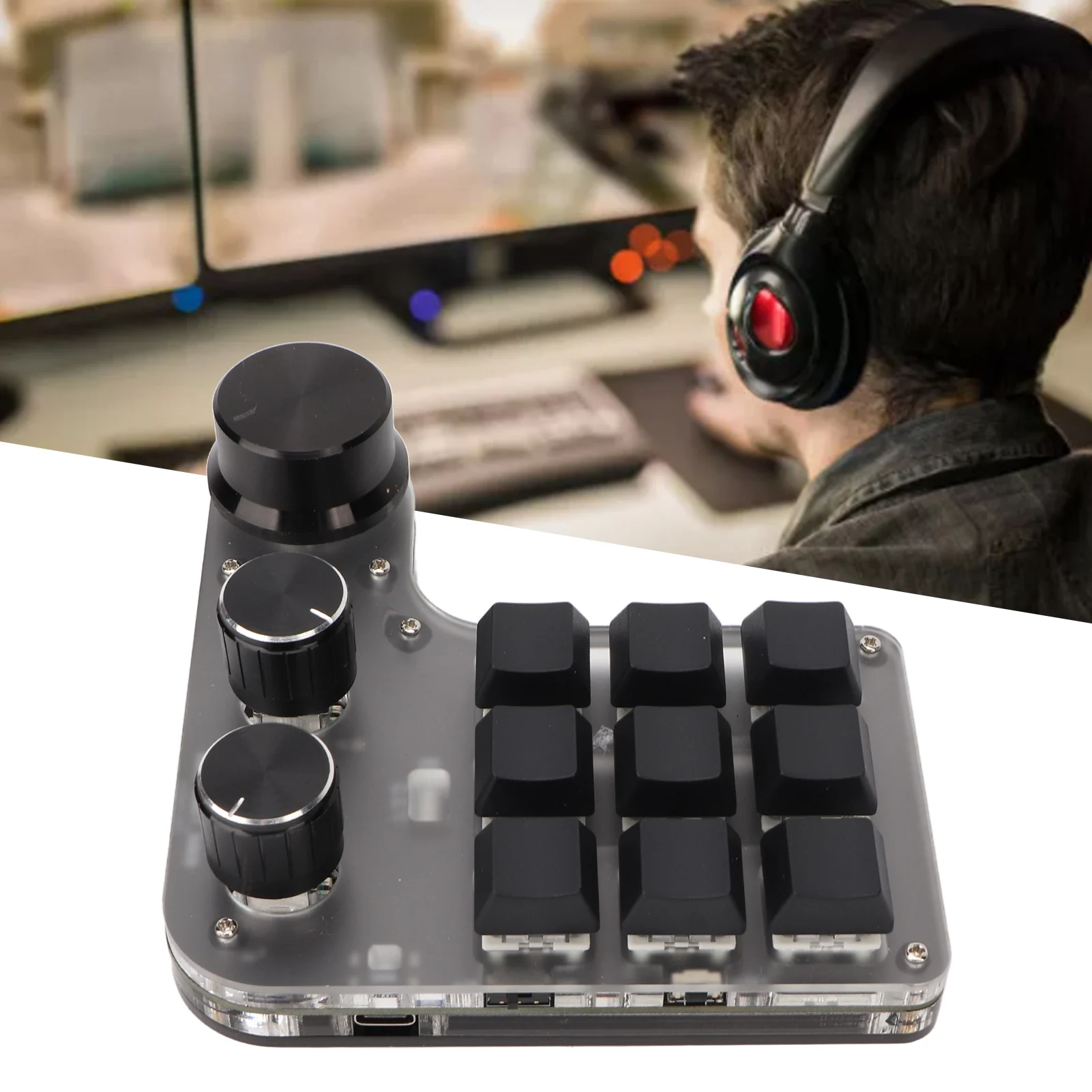 9 Key Mini Keypad Programmable Macro Keyboard 9 Keys 3 Knobs USB Bluetooth Connection OSU Gaming Keyboard for Office Music Media