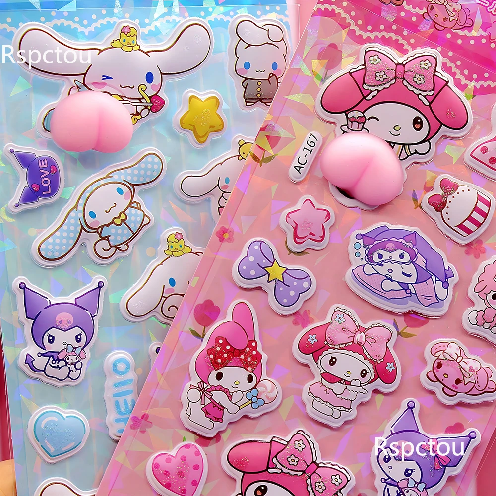 

4 шт., наклейки на кнопку Sanrio, милые наклейки Kuromi My Melody Cinnamoroll, мультяшная 3D рельефная наклейка Kawaii, распаковка, мягкие пухлые наклейки, игрушка