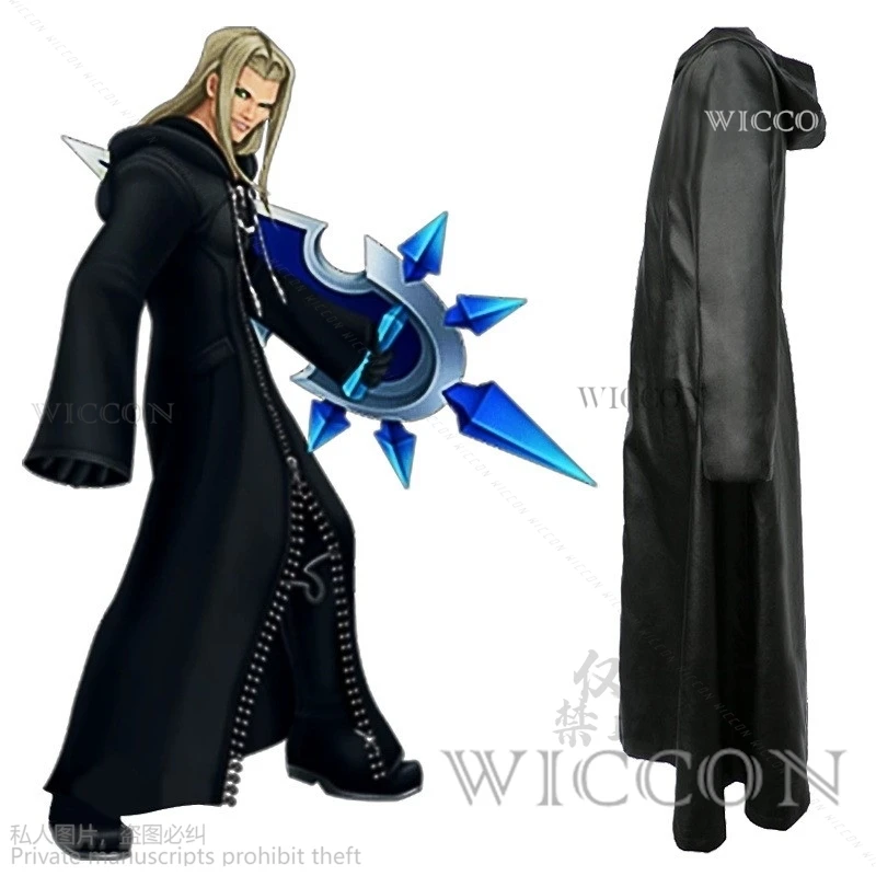 Anime Mens Kingdom Game Roleplaying Hearts Organization XIII Game Cosplay Costume Black Cloak Zipper Jacket Long Hoodie Coat